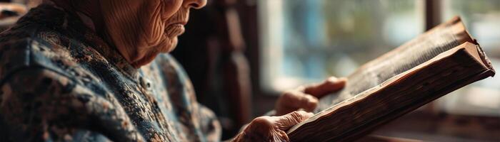 AI Generated Close-up of an elderly person reading a book by a window, warm tones and soft focus.copy space photo