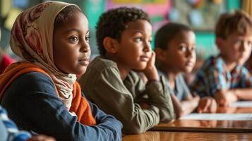 AI Generated A group of diverse children listen attentively in a classroom, demonstrating inclusivity.Diverse Classroom Participation. photo