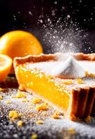 AI Generated Citrus Tart Delight. A tangy citrus tart dusted with powdered sugar, garnished with orange segments, offering a zesty dessert option. photo