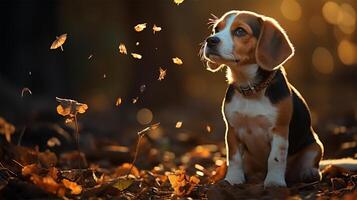 AI Generated Beagle pup among fallen leaves, golden hour light. photo