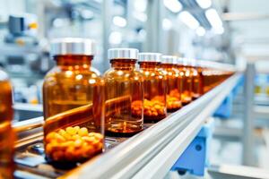 AI Generated  A close-up of amber medicine bottles on a pharmaceutical production line with a blurred background.Pharmaceutical industry reports, healthcare brochures, medical equipment advertising. photo