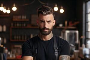 AI Generated  Bearded man with apron standing in a cafe photo