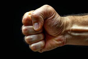 AI Generated A detailed view of a raised, clenched fist against a dark background, symbolizing strength and resolve. photo