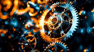 AI Generated  Mechanical Space. Intricate gears and cogs glow with a golden hue. photo