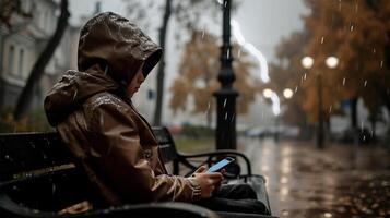 AI Generated A child engrossed in a smartphone sits alone on a bench in the rain, an urban scene of solitude and technology. Copy space.Impact of technology, mental health awareness campaigns, urban photo