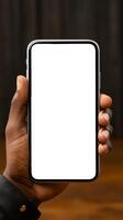 AI Generated Close-up of a hand holding a smartphone with a blank screen on a dark background. photo