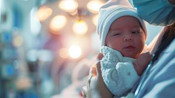 ai generado un recién nacido bebé en un gorro es retenida cuidadosamente en un hospital configuración, el luces gastos generales brillante suavemente. foto