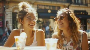 AI Generated Two women sharing a joyful moment at a cafe, their laughter bright as the sunny day. photo