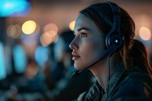 AI Generated A woman with a headset against a bokeh light background, looking focused. photo