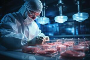 AI Generated  A scientist in a lab coat examines cultured meat samples under blue lights in a modern lab environment.scientific research and future food technology themes photo