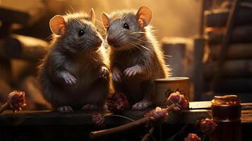 AI Generated  Two rats with glowing eyes in a dimly lit setting.Curious Rodent Pals. photo