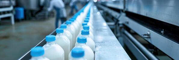 AI Generated Rows of milk bottles on a conveyor belt in a modern dairy processing plant. Copy space. photo