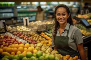 ai generado un sonriente tienda de comestibles Tienda empleado soportes antes de un Fruta mostrar, destacando Fresco Produce y cliente servicio. foto