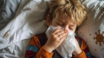 AI Generated  A young boy with a cold, blowing his nose in bed, with a comforting atmosphere. Copy space.Sick Day Comfort. photo