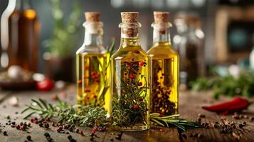 AI Generated olive oils with herbs and pepper in bottles, on a wooden table photo