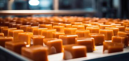 ai generado filas de recién hecho caramelos en un transportador cinturón en un fábrica configuración, exhibiendo comida producción. foto