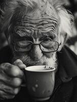 AI Generated An elderly man with glasses drinking a cup of coffee, his face depicting a map of a complex life path. photo