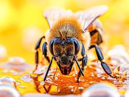 AI Generated  A macro image of a honeybee collecting nectar from golden honey, highlighting the insect's detail and the texture of honey.wildlife conservation concept. photo