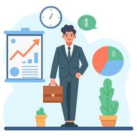 a concept illustration of a worker comparing performance indicators of a data analyst, flat design vector illustration