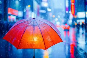 AI Generated a red, rain-soaked umbrella with the bright lights of the city reflected on its wet surface.Great for mood pieces or city life features photo