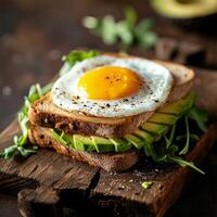 AI Generated  Avocado slices on toast topped with a fried egg. photo