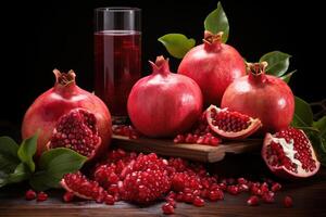 AI Generated  Fresh pomegranates with vibrant seeds displayed with a glass of juice, showcasing the fruit's rich colors and textures. photo
