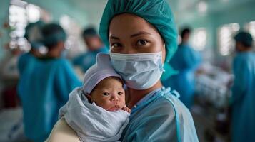 ai generado un cuidado de la salud trabajador en matorrales sostiene un recién nacido, con un ocupado hospital fondo. Copiar espacio. foto