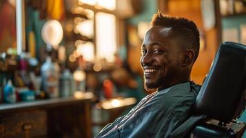 AI Generated Joyful African man enjoying a new hairstyle in a barbershop. photo