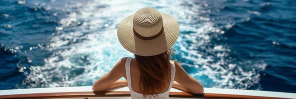 ai generado un mujer vistiendo un sombrero para el sol mira fuera a el profundo azul océano, evocando un sentido de pasión de viajar y aventura. Copiar espacio disponible.viaje y ocio contenido, como bien como salud y meditación foto