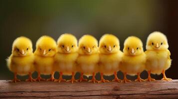 ai generado adorable pollos forrado arriba en un de madera tablero. Copiar espacio foto