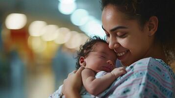 ai generado un sonriente mujer tiernamente de plataforma un dormido recién nacido bebé, con borroso luces en el antecedentes. Copiar espacio. foto