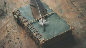 AI generated Classic Leather Journal with Feather Pen on Rough Wooden Table photo