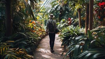 AI generated Explorer Wandering Through Lush Greenhouse Path photo