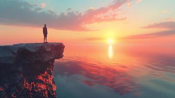 ai generado soledad a mar. un solitario figura contempla el puesta de sol foto