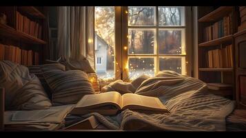 ai generado calentar puesta de sol ligero en libro en hogar biblioteca foto