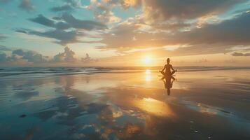 ai generado meditativo actitud a Oceano playa durante puesta de sol foto