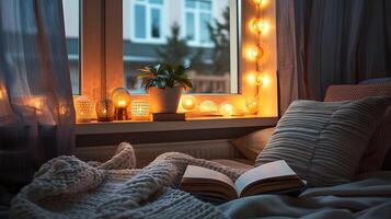 AI generated Peaceful Window Sill with Book and String Lights photo