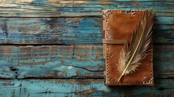 AI generated Antique Leather Journal with Quill on Distressed Blue Wooden Background photo
