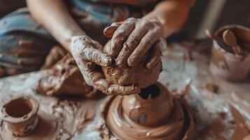 AI generated CloseUp of Potter's Hands Shaping Clay on Wheel photo