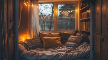 AI generated Cozy Reading Space with String Lights by Window photo