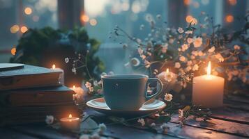 AI generated Cozy Evening Tea Time with Books and Candles photo