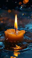 AI generated Close Up of Lit Candle with Reflection on Water Surface photo