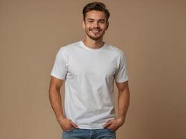AI generated Man wearing white shirt isolated background. Design t-shirt template, print presentation mock-up photo