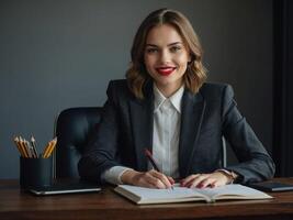 ai generado joven contento mujer de negocios utilizando Nota en mesa en el oficina foto