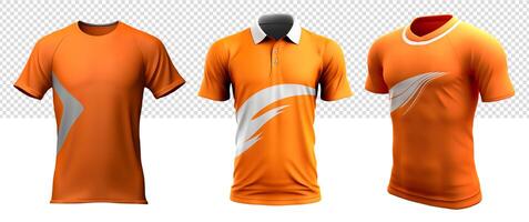 AI generated set of orange sports t-shirt template mockup front view with white abstract, generative ai photo