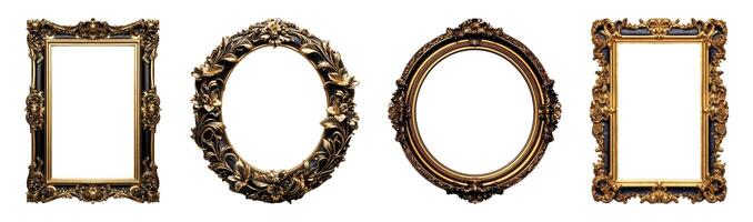 AI generated set of vintage round and square black gold frame elements luxury and elegant motifs, generative ai photo