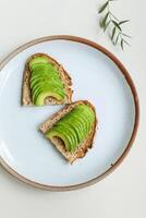 Avocado toast on a plate on a white background, top view photo