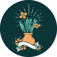 icon of a tattoo style flowers in vase png