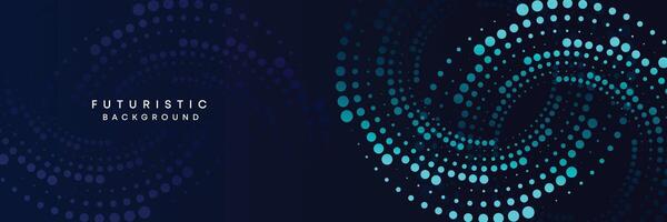 Dark blue digital technology banner gradient web background. Blue abstract waving lines and halftone circles frame glowing geometric diagonal pattern business background for brochure, cover, header vector