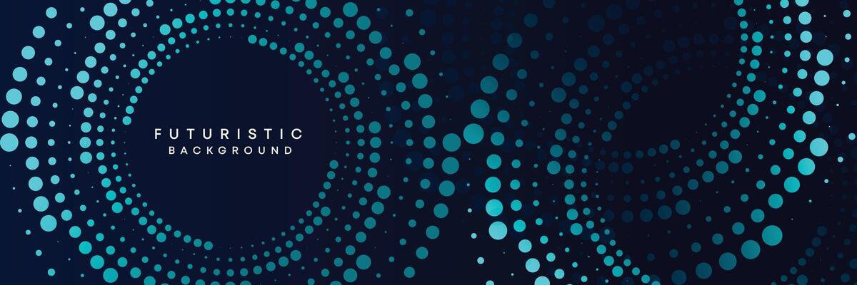 Dark blue digital technology banner gradient web background. Blue abstract waving lines and halftone circles frame glowing geometric diagonal pattern business background for brochure, cover, header